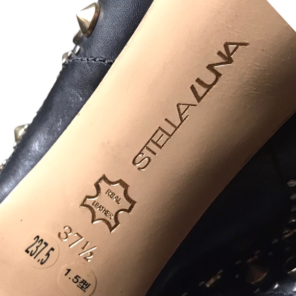 Stella Luna Y2K 37.5 7 US Black Leather Gold Studded Zip Strappy Stiletto Heels - Picture 8 of 12